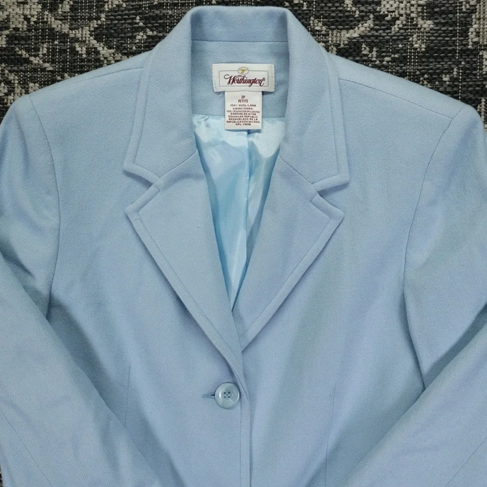 VTG Worthington Petite Womens Chic Blazer Size 2P Light Blue Wool Retro 80s Coat